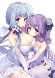 Rule 34 | 2girls, age difference, azur lane, bad id, bad twitter id, bare shoulders, blue eyes, blue hair, blunt bangs, breasts, child, choker, cleavage, collarbone, dress, elbow gloves, garter straps, gloves, hair bun, hair ribbon, head on chest, highres, illustrious (azur lane), irone (miyamiya38), large breasts, long hair, looking at viewer, mole, mole under eye, multiple girls, off-shoulder dress, off shoulder, onee-loli, purple eyes, purple hair, ribbon, single hair bun, single side bun, sitting, small breasts, smile, stuffed unicorn, thighhighs, twintails, unicorn (azur lane), white background, white dress, yuri