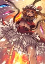 Rule 34 | 1girl, arms up, ascot, barefoot, berabou, blonde hair, bloomers, crystal, dutch angle, fangs, fire, flandre scarlet, from below, hat, hat ribbon, highres, looking at viewer, looking down, midriff, mob cap, navel, open mouth, puffy sleeves, red eyes, ribbon, shirt, short sleeves, side ponytail, skirt, skirt set, smile, solo, touhou, underwear, upskirt, vest, wings
