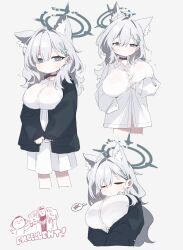 Rule 34 | 1girl, 2boys, animal ear fluff, animal ears, black jacket, blue archive, blue eyes, blush, buttons, closed eyes, closed mouth, collared shirt, cross hair ornament, doodle sensei (blue archive), extra ears, grey background, grey hair, hair ornament, highres, jacket, long hair, long sleeves, multiple boys, multiple views, open clothes, open jacket, parted lips, phrenapates (blue archive), retri, sensei (blue archive), shiroko (blue archive), shiroko terror (blue archive), shirt, simple background, white shirt, wolf ears