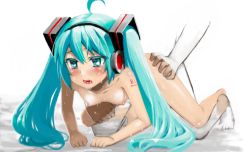 Rule 34 | 1girl, ahoge, all fours, aqua eyes, aqua hair, blush, breasts, completely nude, doggystyle, hatsune miku, headphones, hitotose rin, long hair, nipples, nude, saliva, sex, sex from behind, sketch, small breasts, solo focus, sweat, tattoo, tears, twintails, vaginal, very long hair, vocaloid