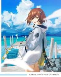 Rule 34 | 1girl, alternate costume, ass, bag, bird, blue sky, blush, brown eyes, brown hair, cloud, commentary, day, dock, from behind, hands in pockets, headgear, hood, hood down, hooded jacket, jacket, kantai collection, kirihota, long sleeves, looking at viewer, looking back, ocean, open mouth, outdoors, seagull, short hair, shoulder bag, sidelocks, sky, solo, speaking tube headset, yukikaze (kancolle)