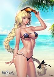 Rule 34 | 1girl, absurdres, arm at side, artist name, bare arms, bare legs, bare shoulders, beach, bikini, black bikini, black bow, blonde hair, blue sky, bow, bra, braid, breasts, c.honey, character name, cleavage, cloud, cloudy sky, collarbone, commentary, contrapposto, copyright name, covered erect nipples, cowboy shot, day, eyepatch bikini, fate/apocrypha, fate/grand order, fate (series), fingernails, groin, hair bow, hand on headwear, hand up, highres, jeanne d&#039;arc (fate), jeanne d&#039;arc (ruler) (fate), leaf, lipstick, long fingernails, long hair, looking at viewer, makeup, mascara, mask, mask on head, medium breasts, micro bikini, navel, nose, ocean, outdoors, palm tree, parted lips, pink lips, purple eyes, sand, single braid, sky, smile, solo, standing, stomach, strap gap, strapless, strapless bikini, strapless bra, string bikini, swimsuit, teeth, tree, underboob, underwear, very long hair, water, welding mask