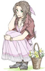 Rule 34 | 1girl, aerith gainsborough, bangle, boots, bracelet, breasts, brown hair, choker, cleavage, cropped jacket, dress, fe79793, final fantasy, final fantasy vii, final fantasy vii remake, flower, flower basket, flower choker, full body, green eyes, hair ribbon, hand in own hair, highres, hugging own legs, jacket, jewelry, long dress, long hair, looking at viewer, medium breasts, parted bangs, pink dress, pink ribbon, red jacket, ribbon, short sleeves, sidelocks, smile, solo, squatting, white background, white flower, yellow flower