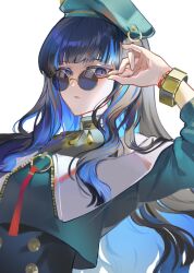 Rule 34 | 1girl, backlighting, bare shoulders, beret, black hair, blue hair, bracelet, breasts, buttons, colored inner hair, double-breasted, eyeliner, fate/grand order, fate (series), green hat, green jacket, grey eyes, hat, highres, jacket, jewelry, long hair, looking at viewer, makeup, multicolored hair, neck ring, o-ring, off shoulder, parted lips, poppoman, round eyewear, sidelocks, small breasts, solo, sunglasses, tenochtitlan (fate), tenochtitlan (second ascension) (fate), wavy hair, zipper