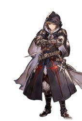 Rule 34 | 10s, 1boy, alpha transparency, assassin (granblue fantasy), belt, black coat, boots, brown eyes, brown hair, coat, crossed arms, full body, gran (granblue fantasy), granblue fantasy, hood, long coat, male focus, minaba hideo, official art, serious, short hair, solo, transparent background, utility belt