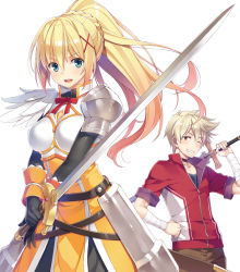Rule 34 | 10s, 1boy, 1girl, armor, armored dress, bandages, blonde hair, blue eyes, breastplate, brown pants, collarbone, darkness (konosuba), feather trim, hand on own hip, holding, holding sword, holding weapon, jacket, kono subarashii sekai ni shukufuku wo!, long hair, looking at viewer, official art, one eye closed, open mouth, over shoulder, pants, pauldrons, ponytail, red eyes, sheath, short sleeves, shoulder armor, shoulder pads, simple background, smile, sword, weapon, weapon over shoulder, white background, wrist cuffs, yuuki hagure