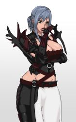 Rule 34 | 10s, 1girl, aranea highwind, armor, breasts, cleavage, final fantasy, final fantasy xv, green eyes, grey hair, highres, large breasts, short hair, smile, solo, standing, tagme