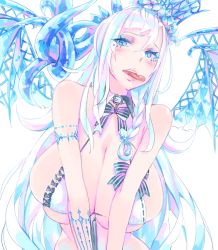 Rule 34 | 1girl, bare shoulders, blue eyes, blush, breasts, hat, large breasts, long hair, mila (yuta27315), open mouth, original, simple background, solo, teeth, white background, white hair, wings