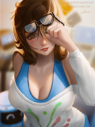 Rule 34 | 1girl, artist name, black-framed eyewear, blue shirt, blurry, blurry background, breasts, brown eyes, brown hair, cleavage, collarbone, drone, eyelashes, eyewear on head, glasses, hair down, highres, large breasts, lips, lolliedrop, long sleeves, looking at viewer, medium hair, mei (overwatch), official alternate costume, overwatch, overwatch 1, parted lips, print shirt, rise and shine mei, robot, rubbing eyes, shirt, signature, smile, snowball (overwatch), solo, tank top, undershirt, upper body, watermark, web address, white shirt