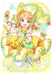 Rule 34 | 1girl, :d, ahoge, animal ears, animal on arm, arm up, bead bracelet, beads, blush, bow, bowtie, bracelet, braid, center frills, crazy straw, dress, drinking straw, food, frilled dress, frills, fruit, gloves, hair bow, heart straw, high collar, high heels, holding, holding drinking straw, jewelry, jumping, koguma105, layered dress, leg ribbon, lemon, lemon slice, lemonade, long hair, looking at viewer, mouse (animal), mouse ears, mouse girl, mouse tail, open mouth, orange eyes, orange hair, original, oversized object, polka dot, polka dot dress, ribbon, sleeveless, sleeveless dress, smile, solo, striped clothes, striped dress, tail, tail bow, tail ornament, thighhighs, twin braids, very long hair, water drop