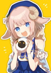 Rule 34 | 1girl, :d, animal ears, bare shoulders, beret, blue bow, blue hat, blue skirt, bow, brown hair, clothing cutout, commentary request, hands up, hat, highres, holding, holding stuffed toy, horns, looking at viewer, notice lines, open mouth, original, outline, sheep ears, sheep girl, sheep horns, shirt, shoulder cutout, signature, skirt, smile, sofra, solo, stuffed animal, stuffed sheep, stuffed toy, suspender skirt, suspenders, teeth, twitter username, upper teeth only, white outline, white shirt, yellow background