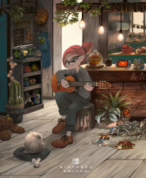 Rule 34 | 1boy, bag, bird, blouse, boots, burger, cabinet, cactus, collared shirt, cup, famicom, famicom gamepad, flower, food, game console, glasses, grey shirt, guitar, hat, highres, indoors, inkling, inkling boy, inkling player character, instrument, kitchen, lamp, male focus, mask, minato (minat0), mouse (animal), music, nintendo, nintendo switch, onion, owl, pikmin (creature), pikmin (series), pillow, plant, playing instrument, pot, shirt, sign, sitting, solo, tentacle hair, towel, unworn hat, unworn headwear, wooden floor