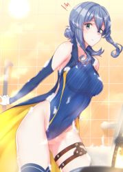 Rule 34 | 1girl, adapted costume, bathroom, blue eyes, blue hair, blue one-piece swimsuit, blue thighhighs, blush, breasts, collarbone, competition swimsuit, covered navel, detached sleeves, gloves, gotland (kancolle), groin, hair between eyes, hair bun, half gloves, highres, kantai collection, long hair, long sleeves, looking at viewer, medium breasts, mole, mole under eye, one-piece swimsuit, osterei, showering, sidelocks, single hair bun, solo, steam, surprised, swimsuit, thigh strap, thighhighs, white gloves