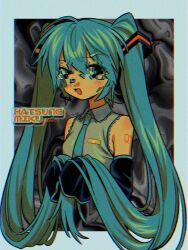 Rule 34 | 1girl, 39, aqua eyes, aqua hair, aqua necktie, black sleeves, character name, commentary, cropped torso, detached sleeves, glitch, hair ornament, hatsune miku, highres, holding, holding own hair, long hair, menma (enaic31), necktie, open mouth, sleeves past fingers, sleeves past wrists, smile, solo, twintails, upper body, very long hair, vocaloid