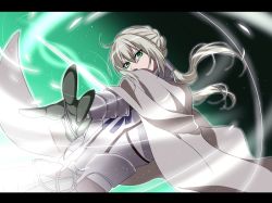 Rule 34 | 1boy, armor, bedivere (fate), blonde hair, braid, cape, fate/stay night, fate (series), gauntlets, green eyes, gyuunyuu (060828), hair up, letterboxed, long hair, magic, male focus, solo, twintails, white hair