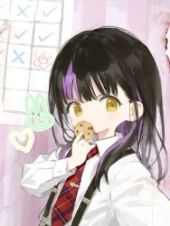 Rule 34 | 1girl, affinity line, black hair, collared shirt, cookie, dress shirt, eating, eleanor (affinity line), food, hair over shoulder, highres, holding, holding cookie, holding food, long hair, long sleeves, looking at viewer, multicolored hair, necktie, plaid necktie, purple hair, red necktie, shirt, sho (sho lwlw), solo, streaked hair, suspenders, tie clip, upper body, white shirt, yellow eyes
