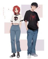 Rule 34 | 1boy, 1girl, artist self-insert, black eyes, black hair, blue pants, commentary, couple, denim, english commentary, glasses, hands in pockets, heart, highres, jeans, marvel, midriff, ms tsukii, navel, original, pants, red hair, shirt, shoes, smile, sneakers, spider-man (miles morales), spider-man (series), t-shirt, vans