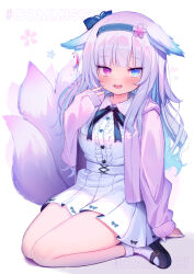 Rule 34 | 1girl, :d, animal ears, black footwear, black hairband, blue eyes, blue hair, breasts, center frills, collared shirt, commission, d omm, fox ears, fox girl, fox tail, frills, gradient hair, hairband, heterochromia, hood, hood down, hoodie, light blue hair, long hair, long sleeves, looking at viewer, mary janes, medium breasts, multicolored hair, multiple tails, open clothes, open hoodie, open mouth, pink eyes, pink hair, pink hoodie, pleated skirt, shirt, shoes, sitting, skeb commission, skirt, sleeves past wrists, smile, solo, tail, vrchat, white shirt, white skirt, wing collar