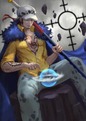 Rule 34 | 1boy, absurdres, arm tattoo, black hair, chest tattoo, closed mouth, earrings, facial hair, finger tattoo, goatee, hand tattoo, hat, hat over one eye, highres, holding, holding sword, holding weapon, jewelry, male focus, norman suarno, one piece, open clothes, realistic, shirt, short hair, sideburns, sitting, solo, sword, tattoo, trafalgar law, weapon, yellow shirt