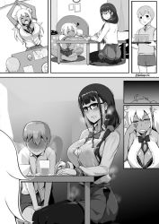 Rule 34 | 1boy, 2girls, aftersex, ahoge, bed, blonde hair, bra, breasts, cleavage, collared shirt, comic, commentary, cup, darkmaya, drooling, embarrassed, glasses, greyscale, gyaru, implied sex, large breasts, long hair, mole, mole under mouth, monochrome, multiple girls, original, pantyhose, partially unbuttoned, pencil as mustache, ponytail, ribbon, rubbing eyes, school uniform, shirt, shorts, sidelocks, silent comic, skirt, sleeping, studying, table, tan, tray, twitter username, underwear, vest