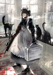 Rule 34 | 1girl, animal ears, apron, black dress, black footwear, black gloves, black hair, blood, blood on clothes, blood on face, blood on ground, cat, cat ears, cat girl, cigarette, commentary, dress, english commentary, full body, gawako, gloves, green eyes, gun, highres, holding, holding gun, holding weapon, indoors, juliet sleeves, long hair, long sleeves, maid, maid apron, maid headdress, original, paw print, puffy sleeves, rifle, slit pupils, smoking, sniper rifle, solo, tree, weapon, weapon case, white apron, window
