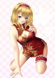 Rule 34 | 1girl, alice margatroid, alternate costume, bad id, bad pixiv id, blonde hair, blue eyes, breasts, bridal garter, checkered background, china dress, chinese clothes, cleavage, cleavage cutout, clothing cutout, dress, female focus, fingernails, flower, hairband, hand on own chest, kneeling, mochi.f, nail polish, patterned, short hair, side slit, sleeveless, smile, solo, touhou