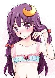 Rule 34 | 1girl, adjusting hair, arm behind back, arm up, armpits, bikini, blush, bow, bow bra, bra, collarbone, crescent, embarrassed, flat chest, frilled bra, frills, gradient background, hair bow, hair ornament, light particles, lingerie, long hair, looking at viewer, mayuge inu, navel, nose blush, patchouli knowledge, purple eyes, purple hair, solo, swimsuit, touhou, underwear, underwear only, upper body