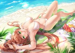 Rule 34 | 1girl, arm up, armpits, artist name, barefoot, beach, bikini, blanket, blurry, blurry foreground, breasts, brown hair, collarbone, commentary, commission, depth of field, doki doki literature club, english commentary, food, fruit, green eyes, green nails, hair ribbon, halterneck, hand on own thigh, highres, large breasts, lens flare, long hair, looking at viewer, lying, monika (doki doki literature club), nail polish, navel, on back, potetos7, ribbon, sand, side-tie bikini bottom, smile, solo, string bikini, swimsuit, tray, very long hair, water, watermelon, watermelon slice, white bikini, white ribbon