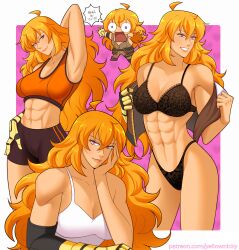 1girl abs ahoge arm_up black_bra black_panties black_shorts blonde_hair border bra breasts brown_jacket chibi cleavage constricted_pupils expressions hand_on_own_face hand_on_own_hip highres jacket large_breasts long_hair mechanical_arms midriff multiple_views muscular muscular_female navel orange_sports_bra paid_reward_available panicking panties patreon_username prosthesis prosthetic_arm purple_eyes rwby short_shorts shorts single_mechanical_arm smile sports_bra tank_top underwear white_border white_tank_top wide-eyed yang_xiao_long yellow_nicky