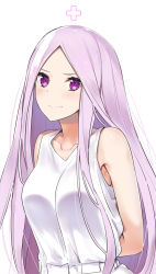 Rule 34 | 1girl, arms behind back, breasts, character request, closed mouth, collarbone, cosplay, dress, forehead, go-toubun no hanayome, highres, iriam, long hair, medium breasts, pink hair, purple eyes, simple background, smile, solo, virtual youtuber, white background, white dress, yuuzuki (re&#039;ef)