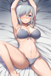 Rule 34 | 10s, 1girl, armpits, arms up, bare legs, barefoot, bikini, blue eyes, blush, breasts, cameltoe, chain, cleavage, covered erect nipples, front-tie bikini top, front-tie top, grey bikini, hair ornament, hair over one eye, hairclip, hamakaze (kancolle), highres, kantai collection, large breasts, leg lift, light smile, lying, navel, nose blush, on back, restrained, sakimori dan, short hair, silver hair, smile, solo, sweat, swimsuit
