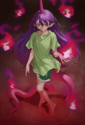 Rule 34 | 1girl, absurdres, barefoot, closed mouth, collarbone, fingernails, fire, full body, green shirt, green shorts, highres, horns, long fingernails, long hair, looking at viewer, nail polish, ni (221), pointy ears, purple hair, purple horns, red eyes, red nails, sharp fingernails, shirt, short sleeves, shorts, single horn, slit pupils, solo, syringe, tail, tenkajin chiyari, touhou
