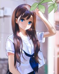 Rule 34 | 1girl, arm up, blue eyes, blue neckwear, blurry, blurry background, brown hair, closed mouth, commentary, depth of field, english commentary, highres, leaf, long hair, looking at viewer, nami (nyaa), original, photo-referenced, sailor collar, school uniform, serafuku, shirt, short sleeves, smile, solo, upper body, very long hair, white sailor collar, white shirt