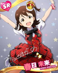 Rule 34 | 10s, 1girl, :d, arms up, boots, bow, bowtie, brown eyes, brown hair, card (medium), character name, character signature, crown, cuff links, dress, hat, idolmaster, idolmaster million live!, jumping, kasuga mirai, looking at viewer, official art, one side up, open mouth, plaid, plaid dress, prologue rouge (idolmaster), ribbon, side ponytail, signature, skirt, smile, solo, star (symbol), translation request, white footwear, wrist cuffs