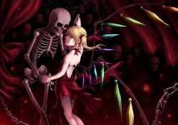 Rule 34 | 1girl, back, chain, crystal, curtains, dancing, dress, female focus, flandre scarlet, holding hands, highres, aged up, red dress, red skirt, red theme, skeleton, skirt, skull, smile, solo, tatsuya (atelier road), touhou, vampire, wings