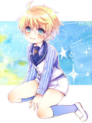 Rule 34 | 1boy, :d, aged down, ahoge, arthur pendragon (fate), arthur pendragon (white rose) (fate), between legs, blonde hair, blue necktie, blue shirt, blue socks, blush, buttons, chonkoo, collared shirt, commentary request, fate/prototype, fate (series), full body, green eyes, hair between eyes, kneehighs, loafers, long sleeves, looking at viewer, male focus, necktie, open mouth, shirt, shoes, shorts, sitting, smile, socks, solo, star (symbol), starry background, striped clothes, striped shirt, tie clip, waistcoat, white footwear, white shorts, yokozuwari