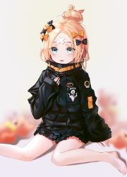 Rule 34 | 1girl, abigail williams (fate), abigail williams (traveling outfit) (fate), bad id, bad pixiv id, barefoot, black bow, black jacket, blonde hair, blue eyes, blurry, blurry background, bow, buri (retty9349), commentary request, crossed bandaids, depth of field, fate/grand order, fate (series), feet, fingernails, grey background, hair bow, hair bun, heroic spirit traveling outfit, highres, jacket, korean commentary, long hair, long sleeves, looking at viewer, official alternate costume, orange bow, parted bangs, parted lips, polka dot, polka dot bow, single hair bun, sitting, sleeves past wrists, smile, solo, stuffed animal, stuffed toy, teddy bear, wariza
