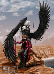 Rule 34 | 1990s (style), 2boys, absurdres, armor, black jacket, boots, copyright name, crisis core final fantasy vii, feathered wings, final fantasy, final fantasy vii, genesis rhapsodos, gloves, highres, jacket, long hair, long jacket, male focus, multiple boys, open clothes, red gloves, red hair, red jacket, sephiroth, silver hair, sword, weapon, wings