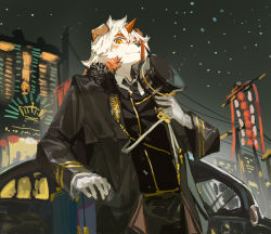 Rule 34 | 1boy, animal ears, arknights, car, clay (clayjun), dog ears, formal, gloves, hat, highres, horns, hung (arknights), hung (just a driver) (arknights), long hair, looking at viewer, male focus, motor vehicle, multicolored hair, necktie, night, official alternate costume, orange hair, single horn, solo, suit, uniform, white gloves
