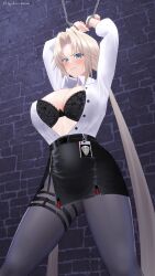 Rule 34 | 1girl, absurdres, azur lane, belt, black belt, black bra, black choker, black gloves, black skirt, blonde hair, blue eyes, blush, bound, bound wrists, bra, bra peek, breasts, brick wall, choker, cleavage, clenched teeth, commentary request, cowboy shot, cuffs, elbow gloves, gloves, grey pantyhose, gyokuro (azfater), high-waist pantyhose, high-waist skirt, highres, kronshtadt (azur lane), kronshtadt (begin the rush!) (azur lane), large breasts, long hair, long sleeves, looking at viewer, low twintails, official alternate costume, open clothes, open shirt, pantyhose, parted bangs, pencil skirt, police badge, restrained, shackles, shirt, sidelocks, skindentation, skirt, solo, standing, teeth, thigh strap, twintails, twitter username, underwear, very long hair, white shirt