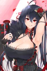 Rule 34 | 1girl, :q, absurdres, ahoge, armpits, azur lane, bare shoulders, black dress, black hair, breasts, cleavage, covered erect nipples, crossed bangs, dress, hair between eyes, hair ornament, hair ribbon, head tilt, highres, holding, holding microphone, large breasts, long hair, looking at viewer, megu (pixiv9460065), microphone, red eyes, ribbon, sleeveless, smile, solo, taihou (azur lane), taihou (muse) (azur lane), tongue, tongue out, twintails, very long hair