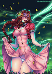 Rule 34 | 1990s (style), 1girl, aerith gainsborough, bow, bracelet, braid, breasts, brown hair, cleavage, closed eyes, clothes lift, covered erect nipples, cropped jacket, darkereve, dress, dress lift, final fantasy, final fantasy vii, flower, gradient background, grass, hair bow, hair flower, hair ornament, happy, highres, jewelry, lifestream, open mouth, panties, petals, retro artstyle, ribbon, solo, square enix, underwear, white panties