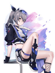 Rule 34 | 1girl, absurdres, black footwear, black gloves, black jacket, black shorts, boots, bwcloud, commentary request, crop top, cropped jacket, eyewear on head, foot out of frame, gloves, grey eyes, grey hair, groin, highres, honkai: star rail, honkai (series), jacket, knee up, knife, long hair, midriff, ponytail, puffy short sleeves, puffy sleeves, shirt, short shorts, short sleeves, shorts, silver wolf (honkai: star rail), sitting, solo, stomach, sunglasses, thighs, weapon, white background, white shirt