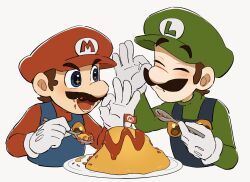 2boys blue_eyes blue_overalls brown_hair facial_hair food gloves green_shirt hat highres luigi male_focus mario mario_(series) mimimi_(mimimim9999) multiple_boys mustache nintendo omelet overalls plate red_hat shirt short_hair spoon white_gloves