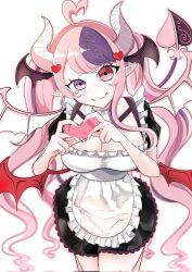 Rule 34 | 1girl, ahoge, apron, breasts, cleavage, demon girl, demon horns, demon tail, demon wings, fang, hair ornament, head wings, heart, heart ahoge, heart hair ornament, heart hands, heterochromia, highres, horns, ironmouse, large breasts, long hair, looking at viewer, low wings, maid, maid apron, maid day, multicolored hair, nail polish, pink eyes, pink hair, pointy ears, purple hair, red eyes, red nails, skin fang, smile, solo, soraumi2000 50, streaked hair, tail, virtual youtuber, vshojo, wings
