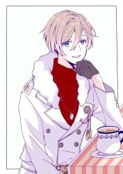 Rule 34 | 1boy, aprari, black gloves, blue eyes, border, coat, gloves, gold necklace, head rest, jewelry, light brown hair, long sleeves, looking at viewer, mahoutsukai no yakusoku, male focus, necklace, open mouth, red sweater, rustica ferch, smile, solo, sweater, turtleneck, turtleneck sweater, white background, white border, white coat