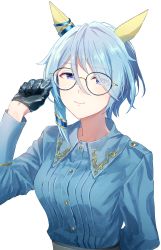 Rule 34 | 1girl, absurdres, animal ears, arm behind back, bad id, bad pixiv id, bespectacled, black gloves, blue eyes, blue hair, blue shirt, breasts, buttons, closed mouth, collared shirt, ear covers, glasses, gloves, hand up, highres, horse ears, k.s.miracle (umamusume), long sleeves, looking at viewer, medium hair, nayuta ggg, shirt, shirt tucked in, simple background, small breasts, smile, solo, umamusume, upper body, white background