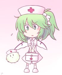 Rule 34 | 1girl, 216, :&lt;, :o, alternate costume, blush, bow, chibi, commentary request, daiyousei, dress, fairy wings, first aid kit, floating, flying sweatdrops, full body, gradient background, green eyes, green hair, hair bow, hat, kedama (touhou), looking at viewer, no nose, nurse, nurse cap, pink background, pink dress, side ponytail, simple background, touhou, wings, | |
