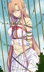 Rule 34 | 1girl, armpits, arms behind back, asuna (sao), bdsm, bondage, bound, bound arms, brown eyes, brown hair, hao718, highres, long hair, looking down, navel, pointy ears, restrained, sad, solo, sword art online, titania (sao)