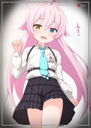 Rule 34 | 1girl, ahoge, black skirt, blue archive, blue eyes, blue necktie, blush, brown eyes, collared shirt, commentary request, hair between eyes, halo, hand up, heterochromia, highres, hoshino (blue archive), long hair, long sleeves, looking at viewer, necktie, open mouth, pink hair, plaid, plaid skirt, puffy long sleeves, puffy sleeves, recording, shirt, skirt, solo, standing, takasuma hiro, translation request, very long hair, white shirt